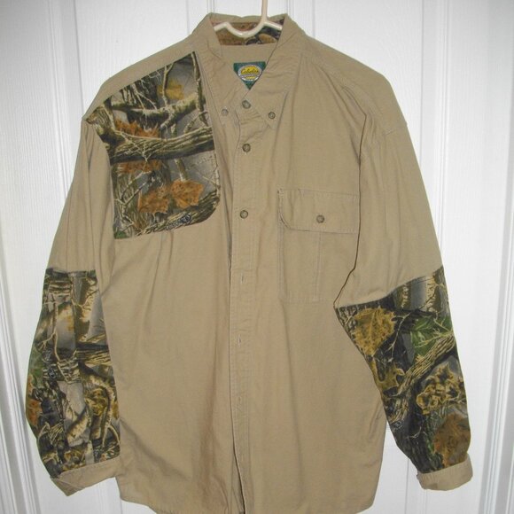 Cabela's tan and camo men's hunting long sleeved shirt, brushed cotton. Large. - Picture 1 of 4